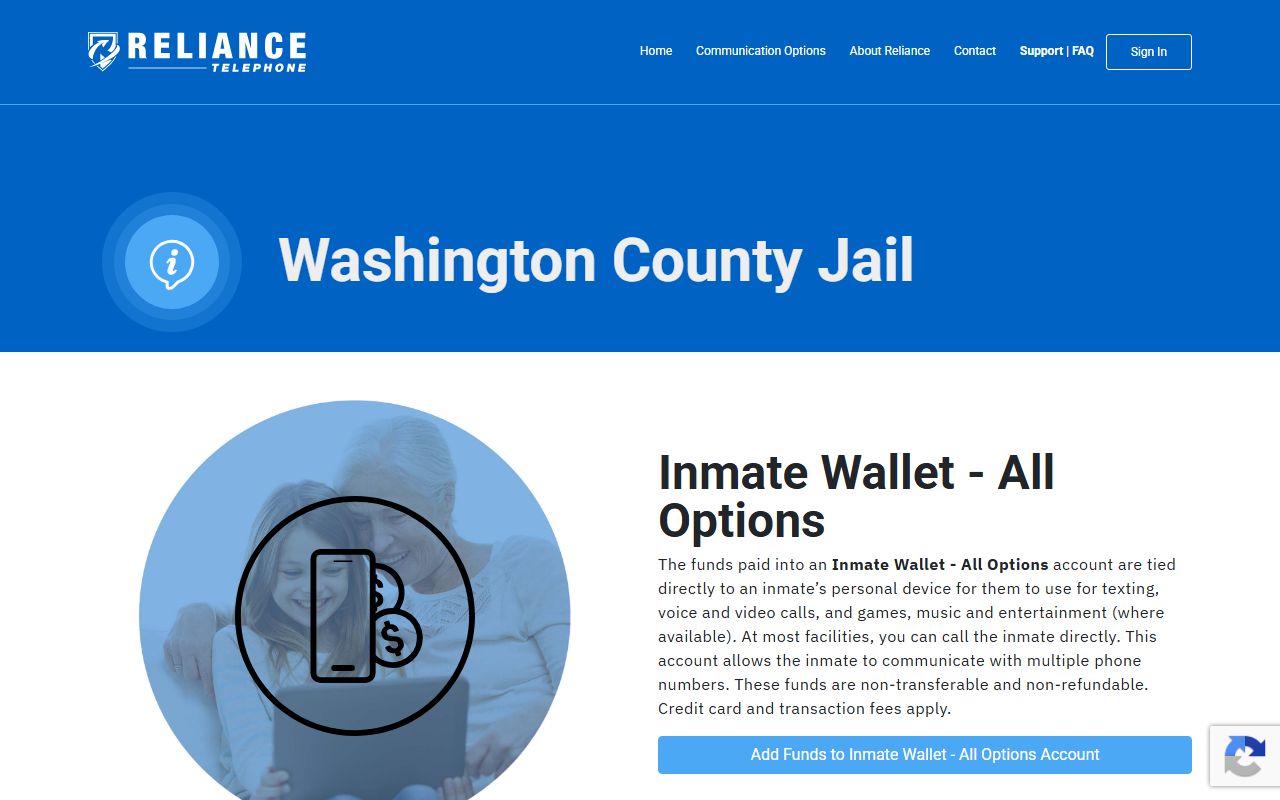 Reliance Telephone facility page for Washington County Jail communications