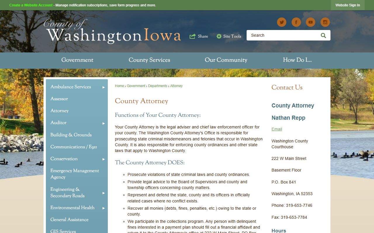 Washington County court records after arrest source showing the County Attorney page
